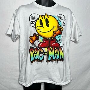 Pac-Man Graffiti Ghost T-Shirt Men's Size Large White Retro Arcade Gamer Tee